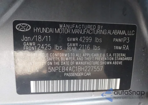 2011 Hyundai Sonata Gls из США, поврежденный, VIN 5NPEB4AC1BH227557